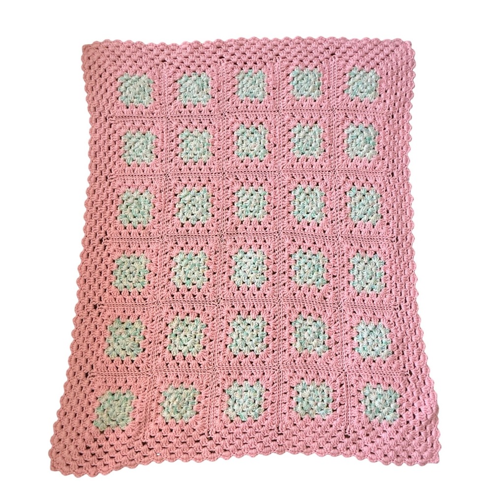 Handmade Crochet Baby Blanket Pink Granny Square Pastel Afghan 44x33 Nursery